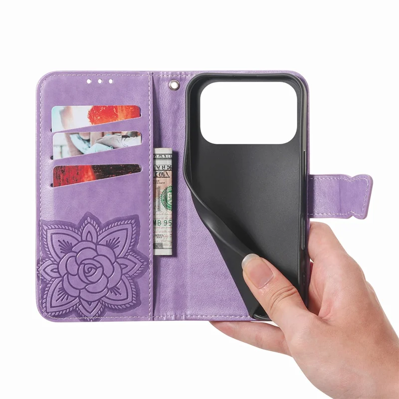For iPhone 17 Pro Max Case with Strap Butterfly Pattern PU Leather Wallet Phone Cover - Light Purple