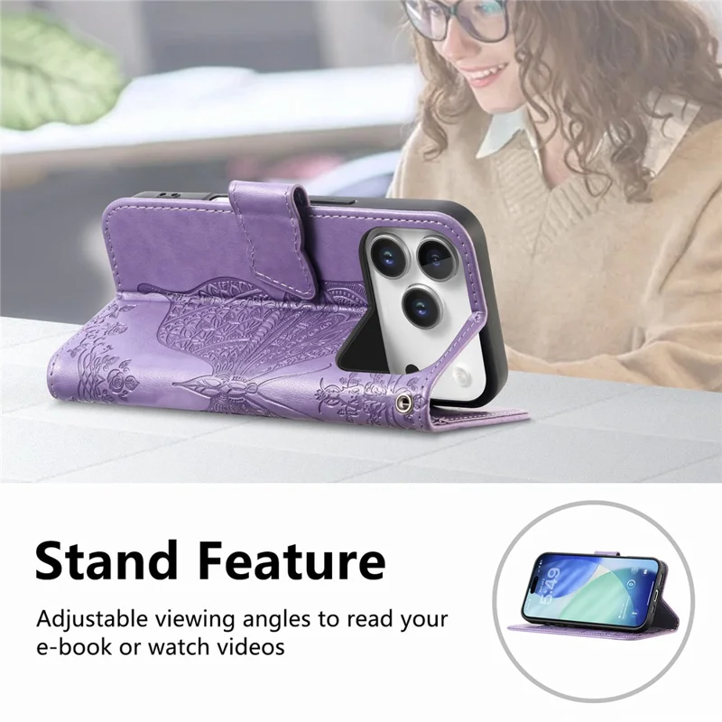 For iPhone 17 Pro Max Case with Strap Butterfly Pattern PU Leather Wallet Phone Cover - Light Purple