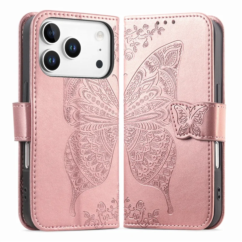 For iPhone 17 Pro Case with Strap Butterfly Pattern PU Leather Wallet Phone Cover - Rose Gold
