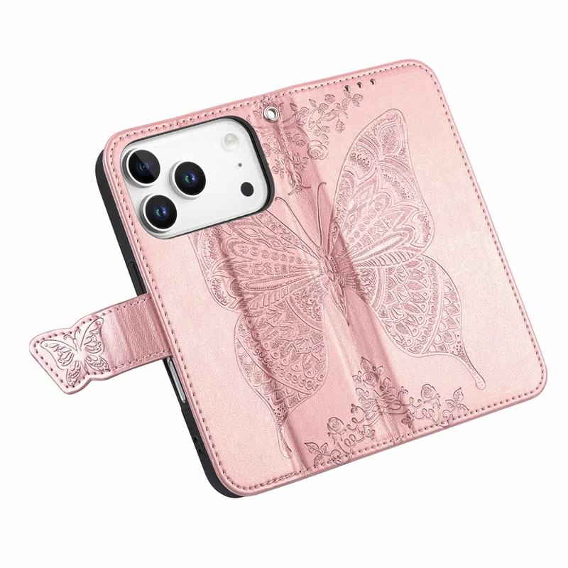 For iPhone 17 Pro Case with Strap Butterfly Pattern PU Leather Wallet Phone Cover - Rose Gold