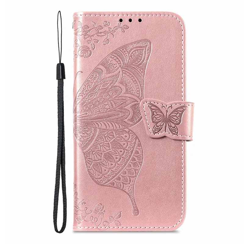 For iPhone 17 Pro Case with Strap Butterfly Pattern PU Leather Wallet Phone Cover - Rose Gold