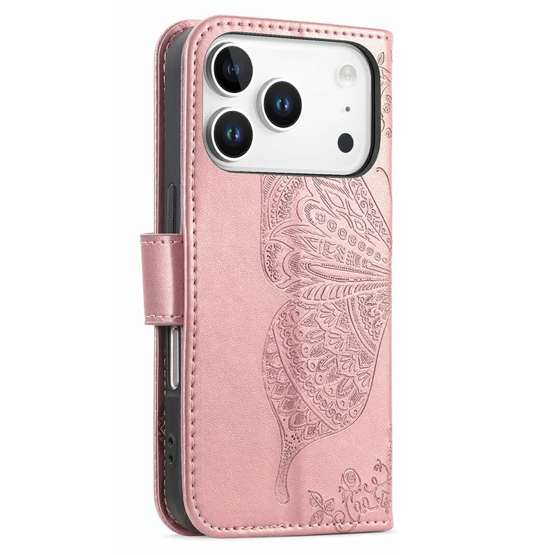 For iPhone 17 Pro Case with Strap Butterfly Pattern PU Leather Wallet Phone Cover - Rose Gold