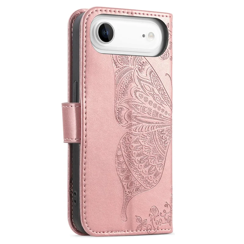 For iPhone Air Case with Strap Butterfly Pattern PU Leather Wallet Phone Cover - Rose Gold