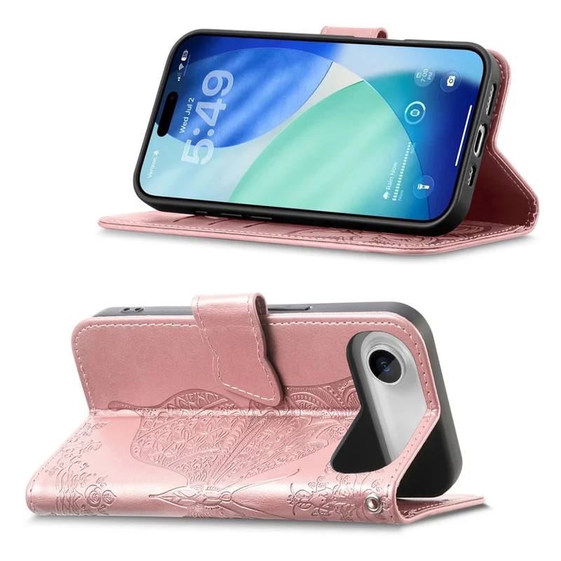 For iPhone Air Case with Strap Butterfly Pattern PU Leather Wallet Phone Cover - Rose Gold