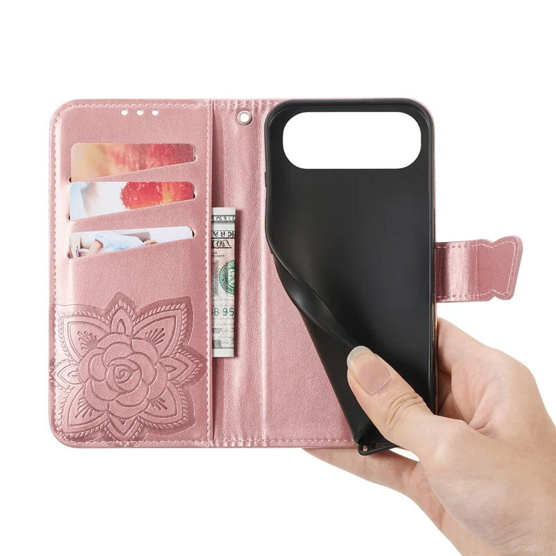 For iPhone Air Case with Strap Butterfly Pattern PU Leather Wallet Phone Cover - Rose Gold