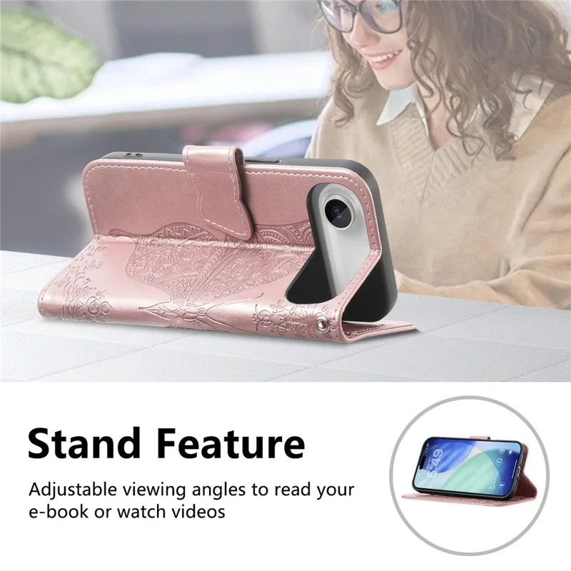 For iPhone Air Case with Strap Butterfly Pattern PU Leather Wallet Phone Cover - Rose Gold