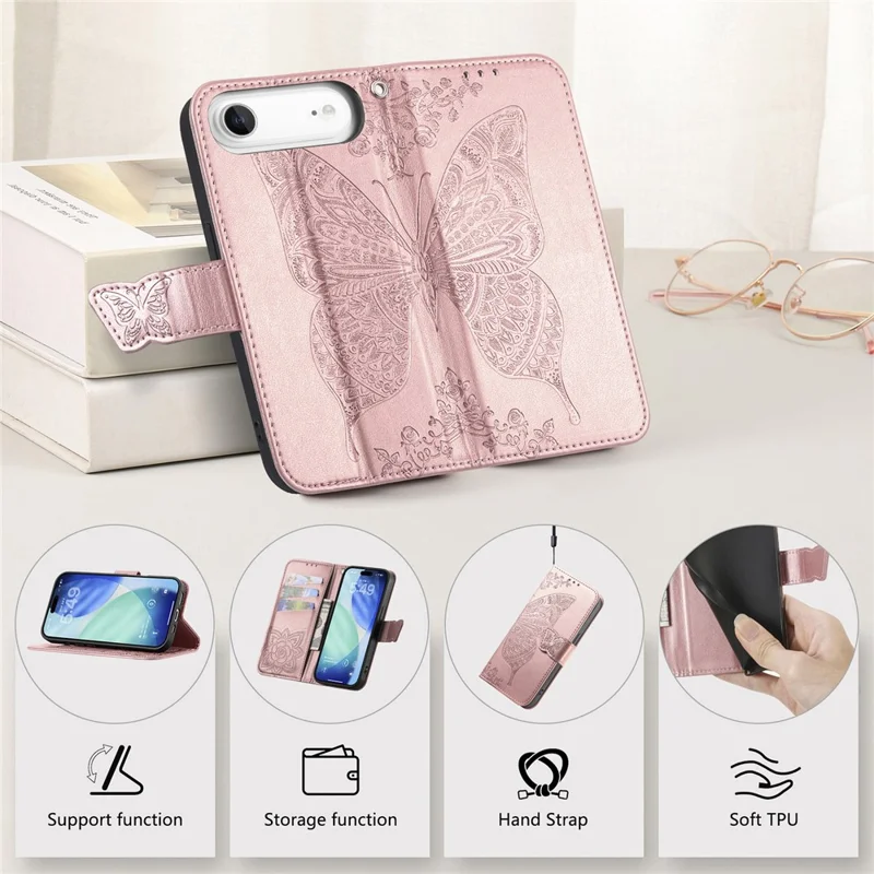 For iPhone Air Case with Strap Butterfly Pattern PU Leather Wallet Phone Cover - Rose Gold