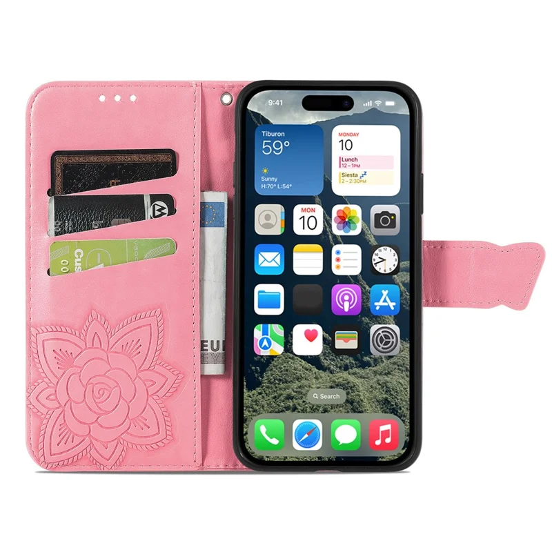 For iPhone 17 Case with Strap Butterfly Pattern PU Leather Wallet Phone Cover - Pink