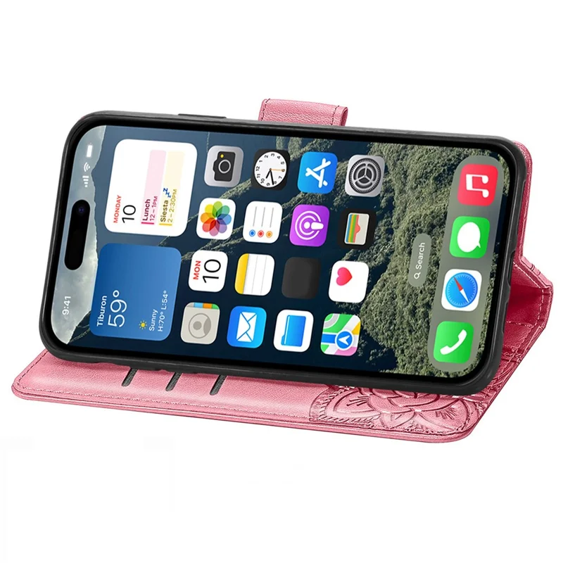 For iPhone 17 Case with Strap Butterfly Pattern PU Leather Wallet Phone Cover - Pink