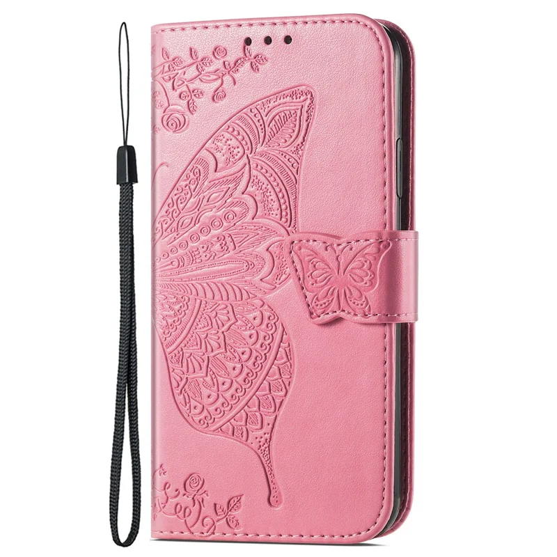 For iPhone 17 Case with Strap Butterfly Pattern PU Leather Wallet Phone Cover - Pink