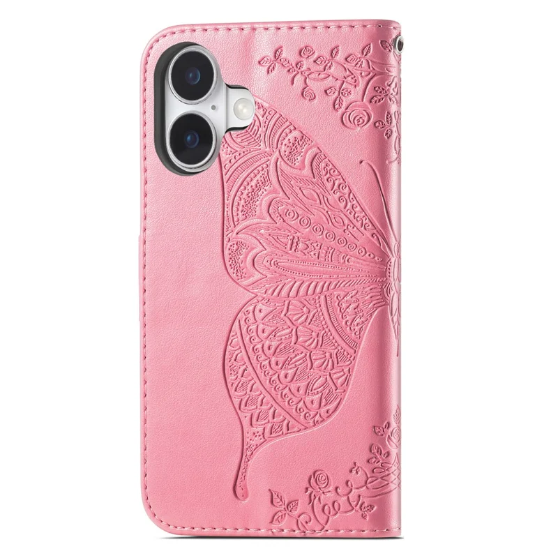 For iPhone 17 Case with Strap Butterfly Pattern PU Leather Wallet Phone Cover - Pink