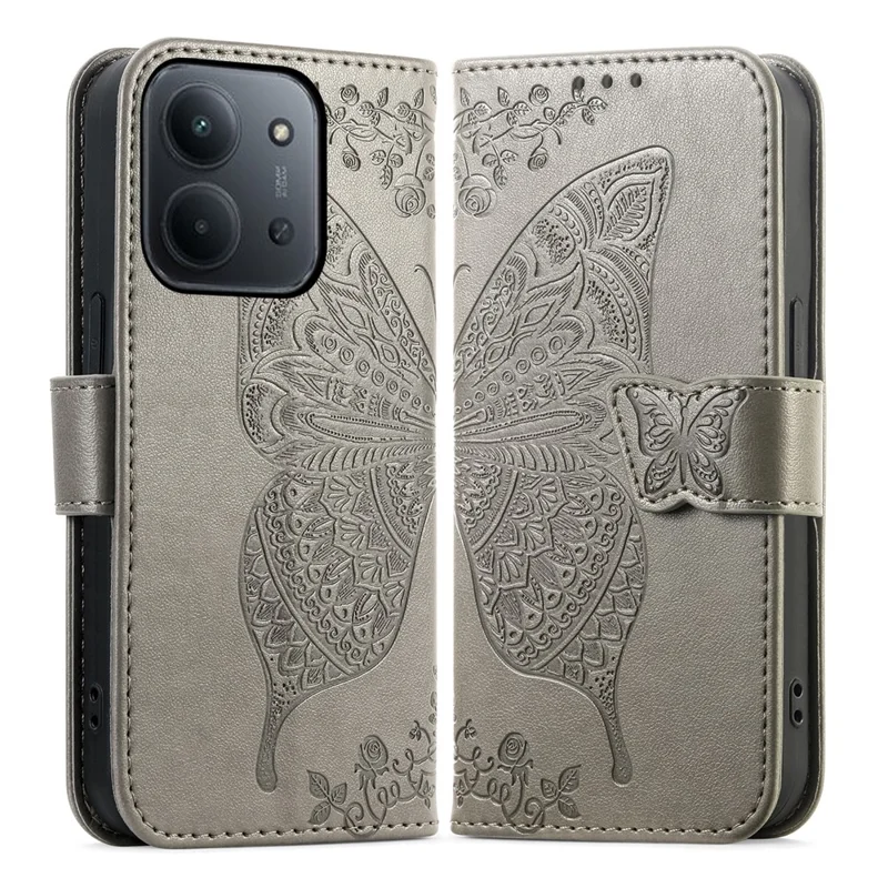 For Xiaomi Redmi 15C 4G (EU) (173mm)  /  15C 5G (EU) (173mm) Case with Strap Butterfly Pattern PU Leather Wallet Phone Cover - Grey