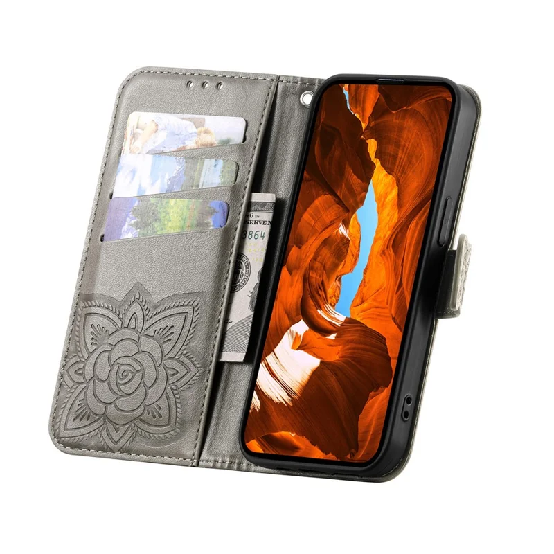 For Xiaomi Redmi 15C 4G (EU) (173mm)  /  15C 5G (EU) (173mm) Case with Strap Butterfly Pattern PU Leather Wallet Phone Cover - Grey