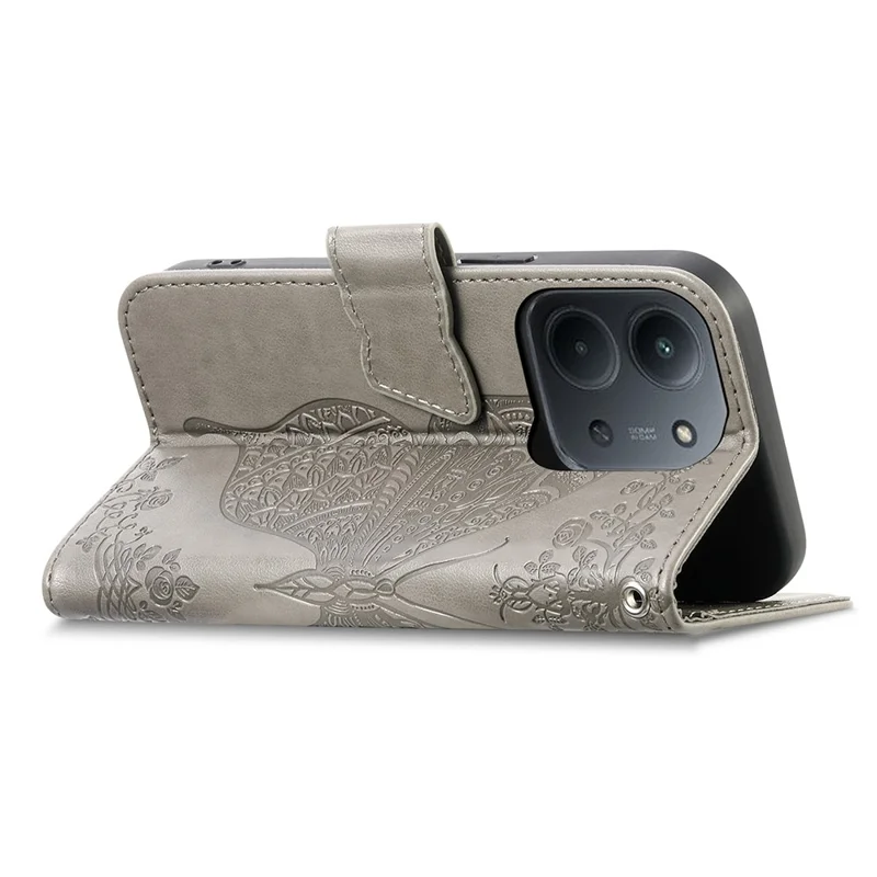 For Xiaomi Redmi 15C 4G (EU) (173mm)  /  15C 5G (EU) (173mm) Case with Strap Butterfly Pattern PU Leather Wallet Phone Cover - Grey