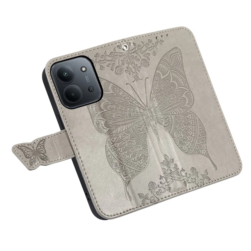 For Xiaomi Redmi 15C 4G (EU) (173mm)  /  15C 5G (EU) (173mm) Case with Strap Butterfly Pattern PU Leather Wallet Phone Cover - Grey