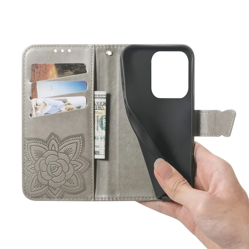 For Xiaomi Redmi 15C 4G (EU) (173mm)  /  15C 5G (EU) (173mm) Case with Strap Butterfly Pattern PU Leather Wallet Phone Cover - Grey