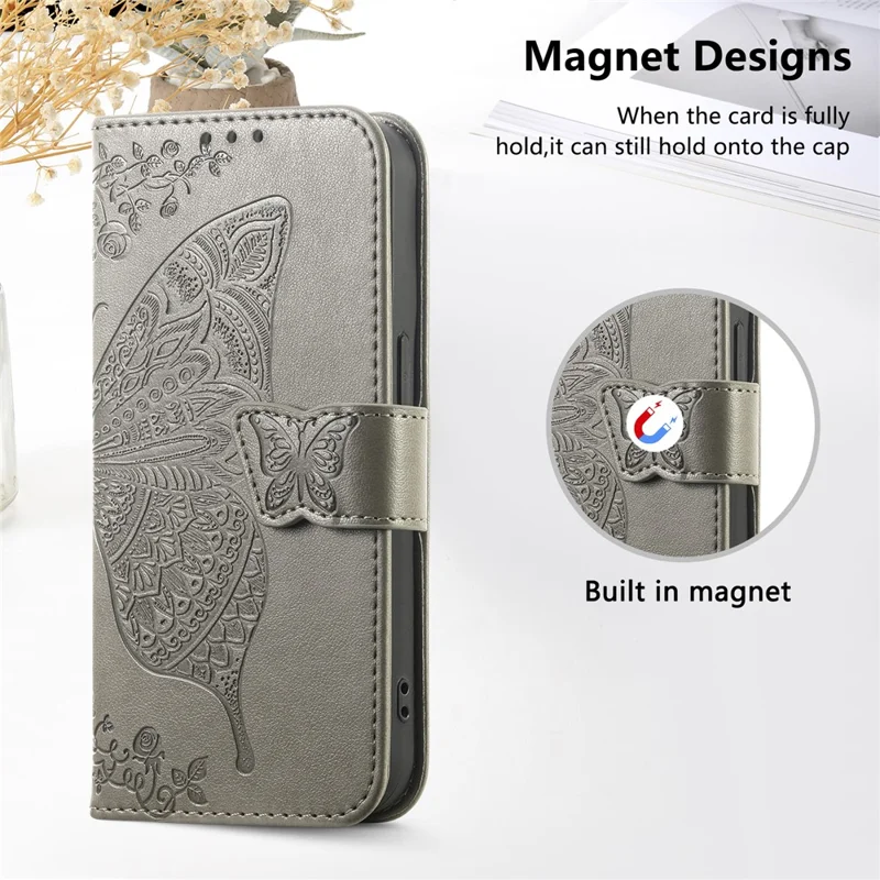 For Xiaomi Redmi 15C 4G (EU) (173mm)  /  15C 5G (EU) (173mm) Case with Strap Butterfly Pattern PU Leather Wallet Phone Cover - Grey