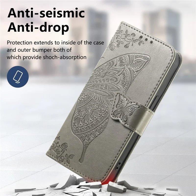 For Xiaomi Redmi 15C 4G (EU) (173mm)  /  15C 5G (EU) (173mm) Case with Strap Butterfly Pattern PU Leather Wallet Phone Cover - Grey