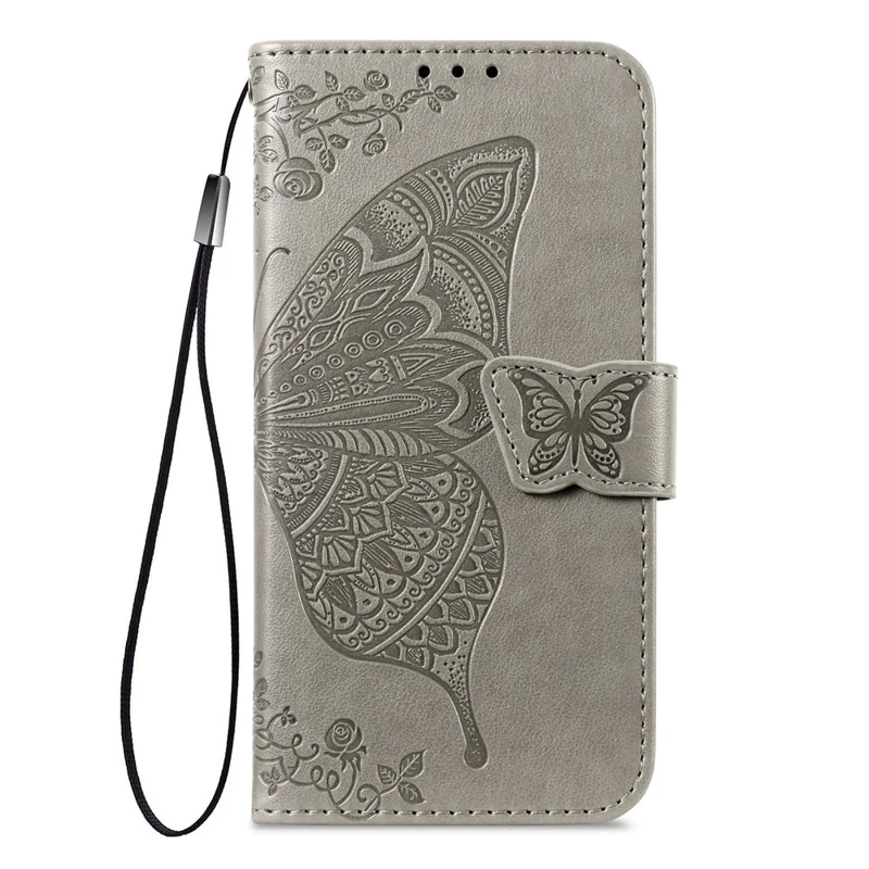 For Xiaomi Redmi 15C 4G (EU) (173mm)  /  15C 5G (EU) (173mm) Case with Strap Butterfly Pattern PU Leather Wallet Phone Cover - Grey