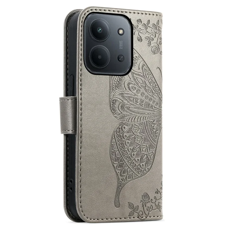 For Xiaomi Redmi 15C 4G (EU) (173mm)  /  15C 5G (EU) (173mm) Case with Strap Butterfly Pattern PU Leather Wallet Phone Cover - Grey