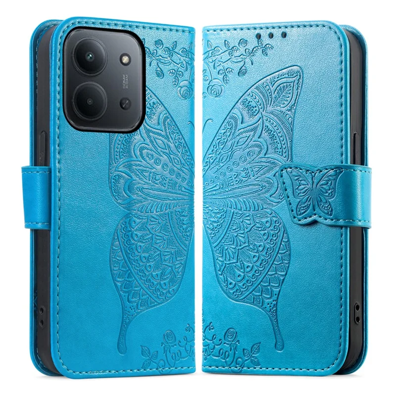 For Xiaomi Redmi 15C 4G (Global) (171mm)  /  Poco C85 4G (171mm) Case with Strap Butterfly Pattern PU Leather Wallet Phone Cover - Blue