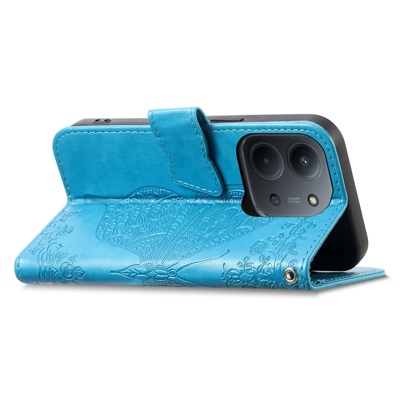For Xiaomi Redmi 15C 4G (Global) (171mm)  /  Poco C85 4G (171mm) Case with Strap Butterfly Pattern PU Leather Wallet Phone Cover - Blue