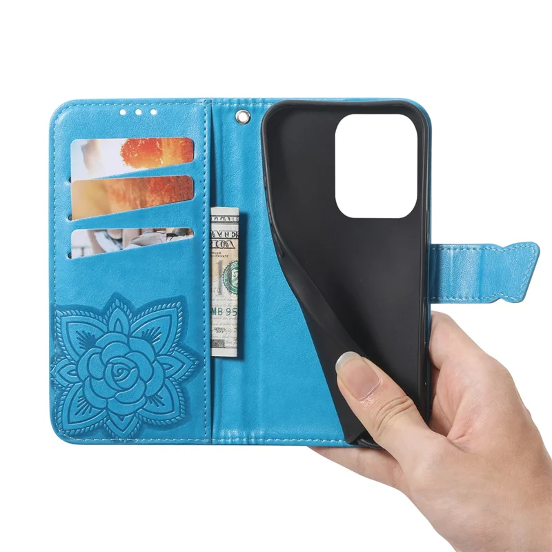 For Xiaomi Redmi 15C 4G (Global) (171mm)  /  Poco C85 4G (171mm) Case with Strap Butterfly Pattern PU Leather Wallet Phone Cover - Blue