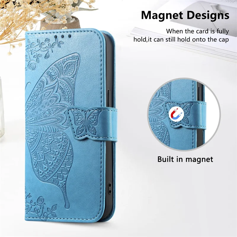For Xiaomi Redmi 15C 4G (Global) (171mm)  /  Poco C85 4G (171mm) Case with Strap Butterfly Pattern PU Leather Wallet Phone Cover - Blue