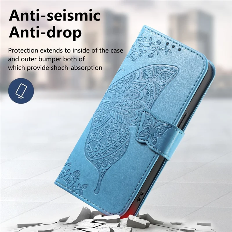 For Xiaomi Redmi 15C 4G (Global) (171mm)  /  Poco C85 4G (171mm) Case with Strap Butterfly Pattern PU Leather Wallet Phone Cover - Blue