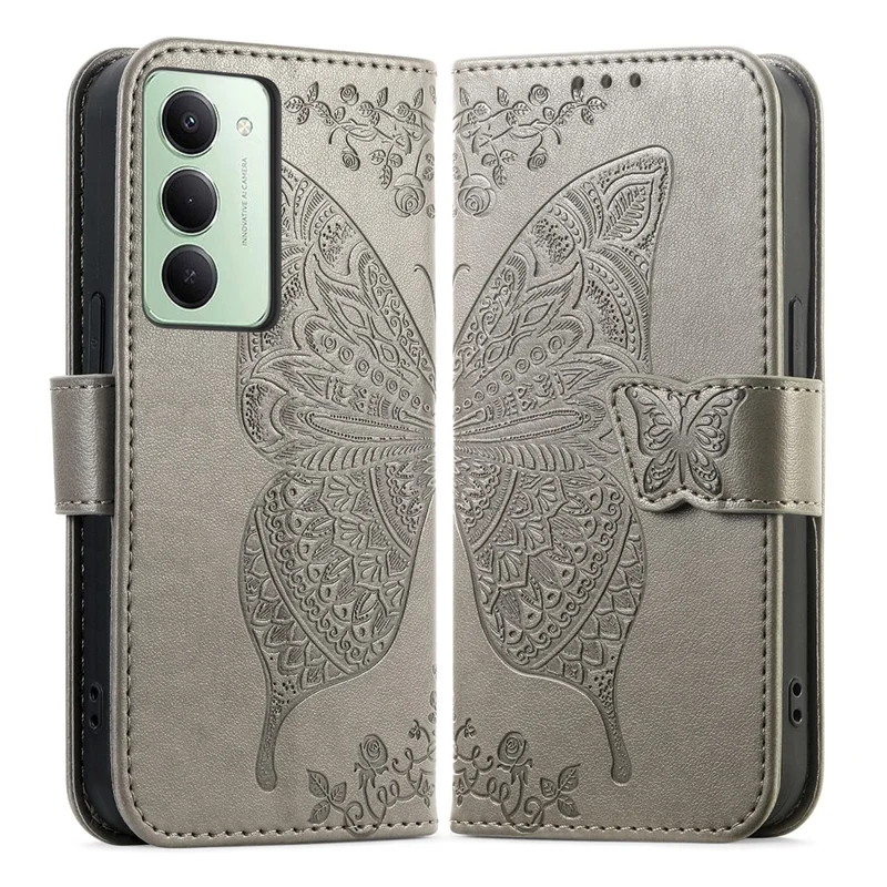 For Xiaomi Redmi 15 4G (EU) (171mm) Case with Strap Butterfly Pattern PU Leather Wallet Phone Cover - Grey