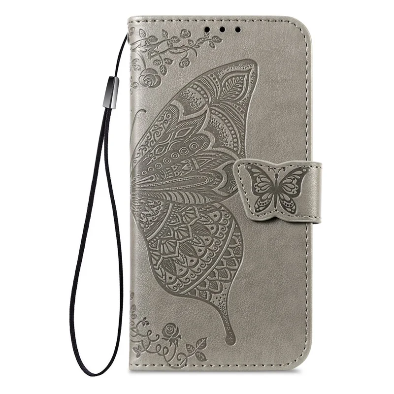 For Xiaomi Redmi 15 4G (EU) (171mm) Case with Strap Butterfly Pattern PU Leather Wallet Phone Cover - Grey