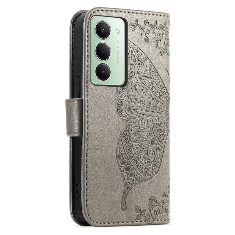For Xiaomi Redmi 15 4G (EU) (171mm) Case with Strap Butterfly Pattern PU Leather Wallet Phone Cover - Grey