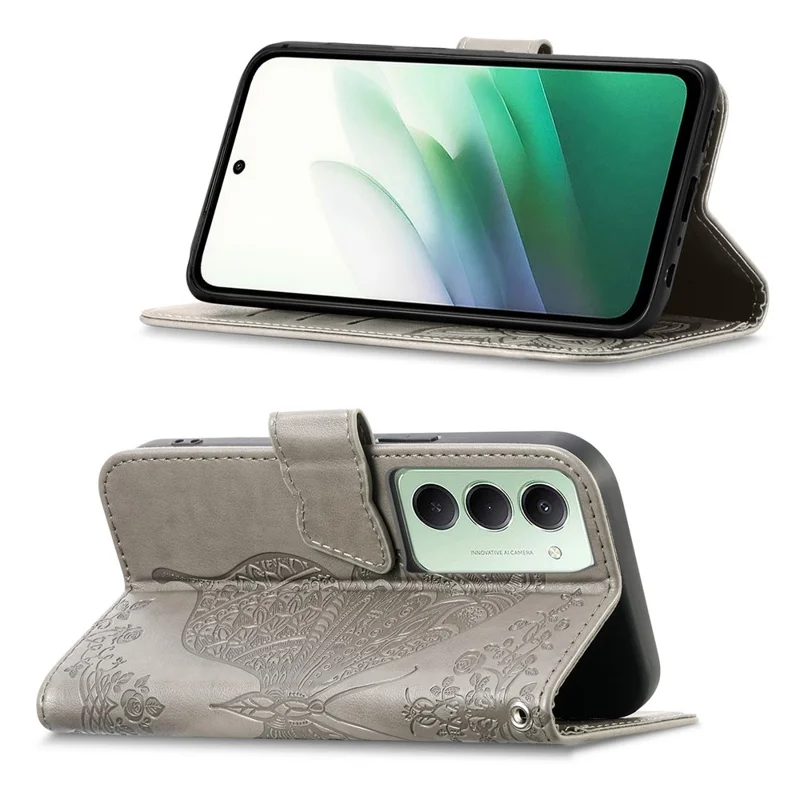 For Xiaomi Redmi 15 4G (EU) (171mm) Case with Strap Butterfly Pattern PU Leather Wallet Phone Cover - Grey