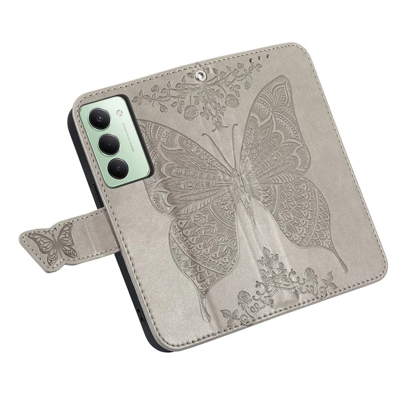 For Xiaomi Redmi 15 4G (EU) (171mm) Case with Strap Butterfly Pattern PU Leather Wallet Phone Cover - Grey