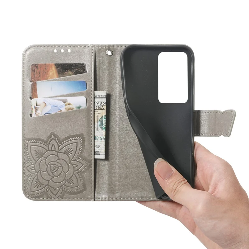 For Xiaomi Redmi 15 4G (EU) (171mm) Case with Strap Butterfly Pattern PU Leather Wallet Phone Cover - Grey
