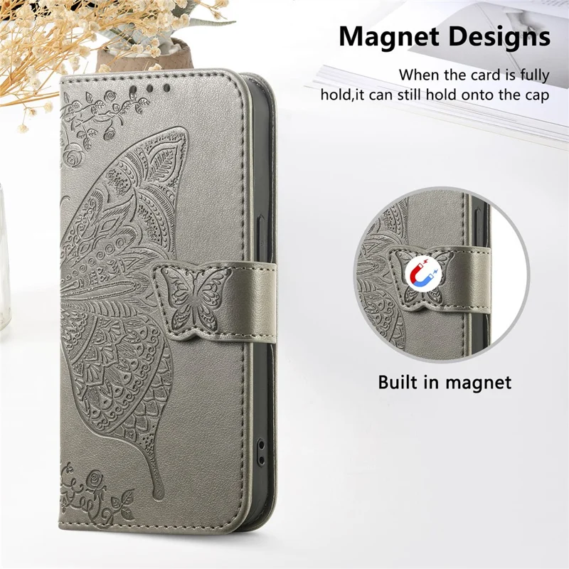 For Xiaomi Redmi 15 4G (EU) (171mm) Case with Strap Butterfly Pattern PU Leather Wallet Phone Cover - Grey