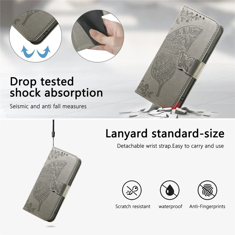 For Xiaomi Redmi 15 4G (EU) (171mm) Case with Strap Butterfly Pattern PU Leather Wallet Phone Cover - Grey