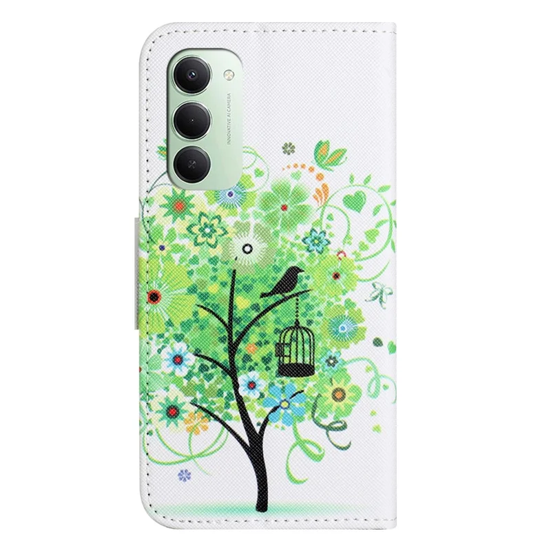 Voor Xiaomi Redmi 15 5G (Globaal) (169 mm) / Poco M7 4G (169 mm) Hoesje met Patroonbedrukking en Cross-structuur Leren Telefoonhoes - Groene Boom