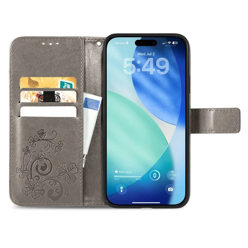 For iPhone 17 Pro Max Leather Case Four-Leaf Clover Wallet Phone Cover - Grey