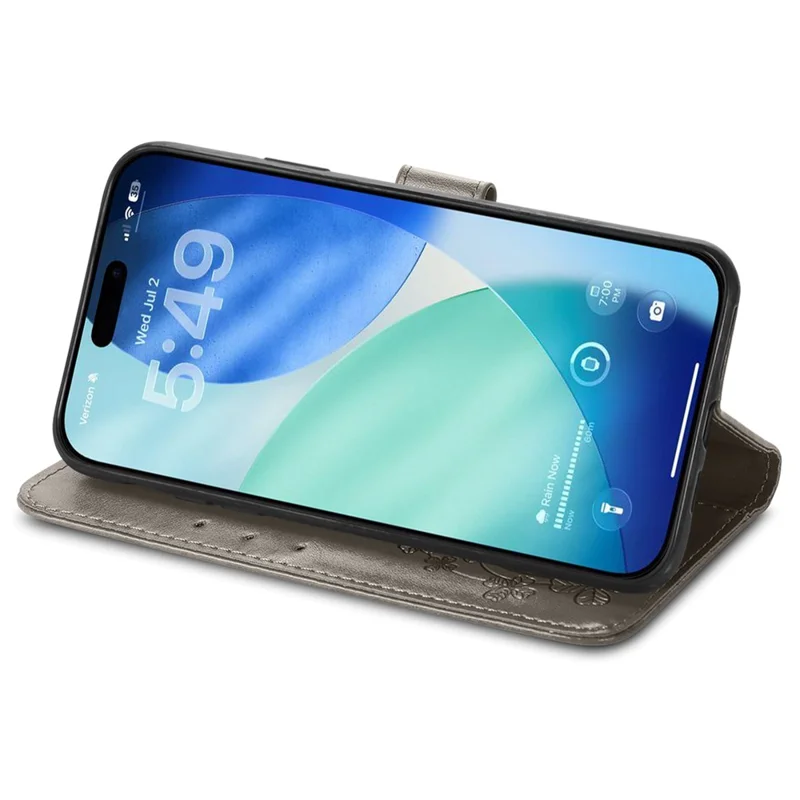 Voor iPhone 17 Pro Leren Hoesje met Klavertje-Vier Portemonnee Telefoonhoes - Grijs