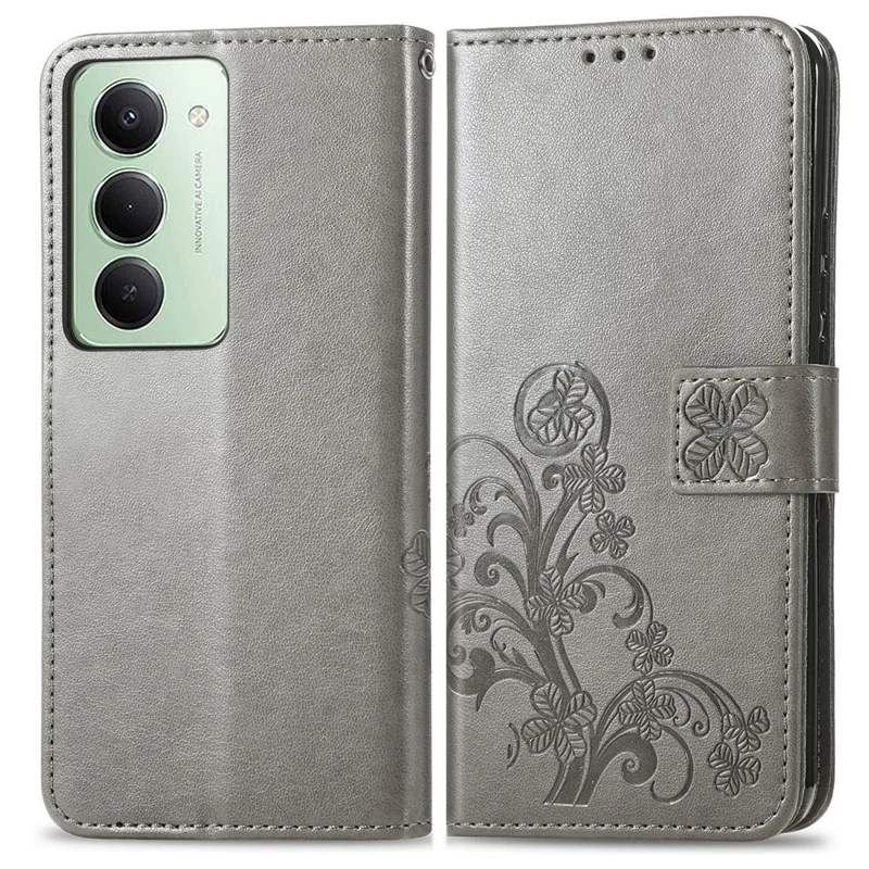 For Xiaomi Redmi 15 5G (Global) (169mm) Leather Case Four-Leaf Clover Wallet Phone Cover - Grey