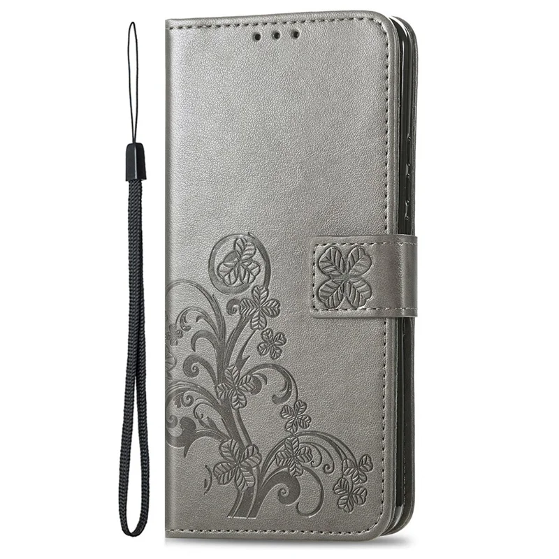 For Xiaomi Redmi 15 4G (EU) (171mm) Leather Case Four-Leaf Clover Wallet Phone Cover - Grey