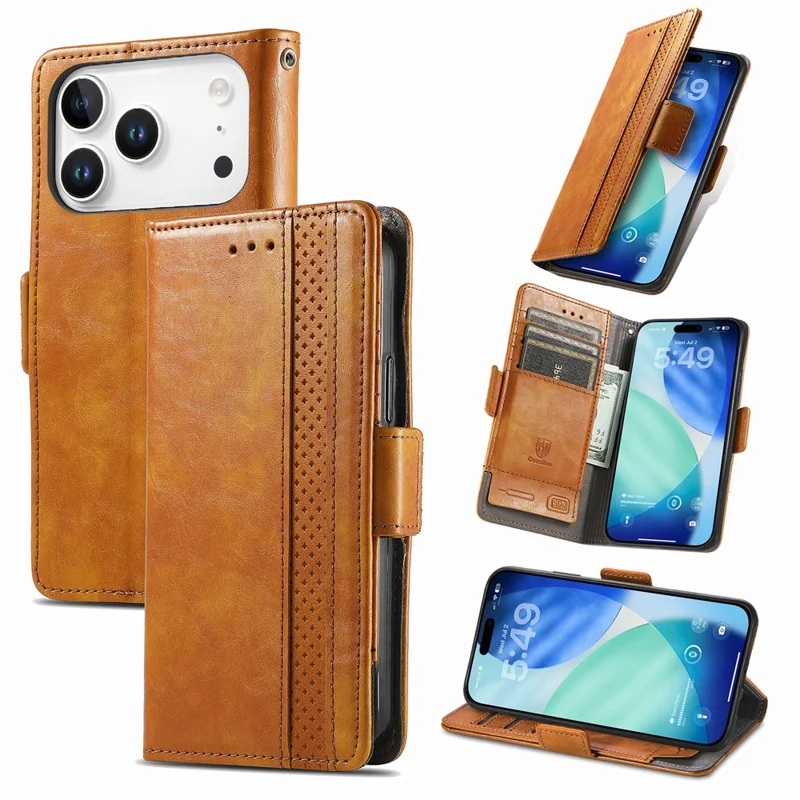 CASENEO For iPhone 17 Pro Max Phone Cases PU Leather Cover Stand with RFID Blocking Wallet - Khaki