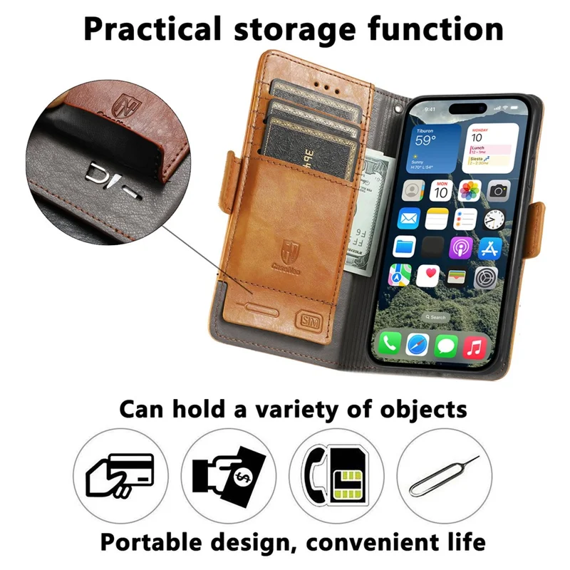 CASENEO For iPhone 17 Phone Cases PU Leather Cover Stand with RFID Blocking Wallet - Khaki
