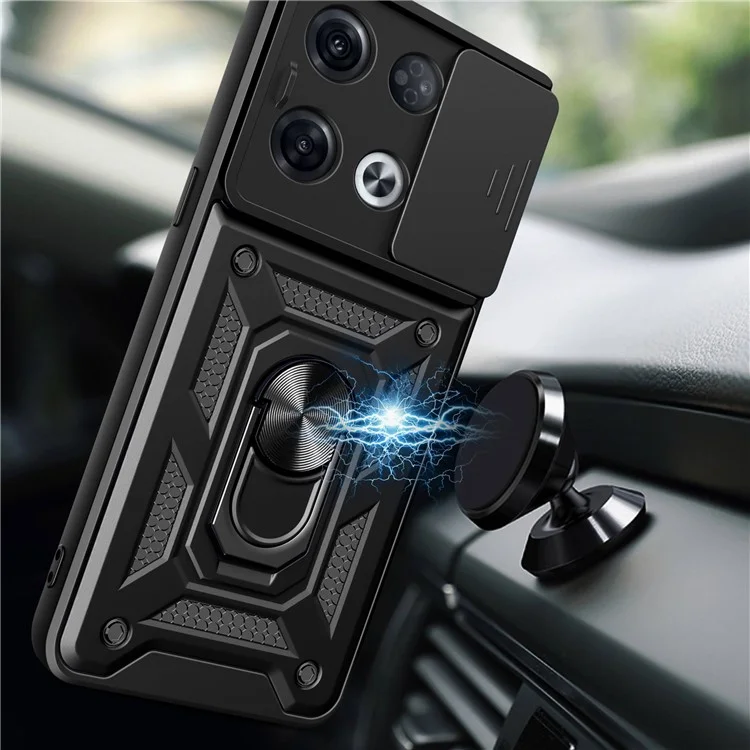 Para Oppo Reno8 Pro 5G (Versión Global) Anillo Soporte Kickstand PC + Funda Protectora de TPU Antideslizante con Protector de Cámara Deslizante - Negro