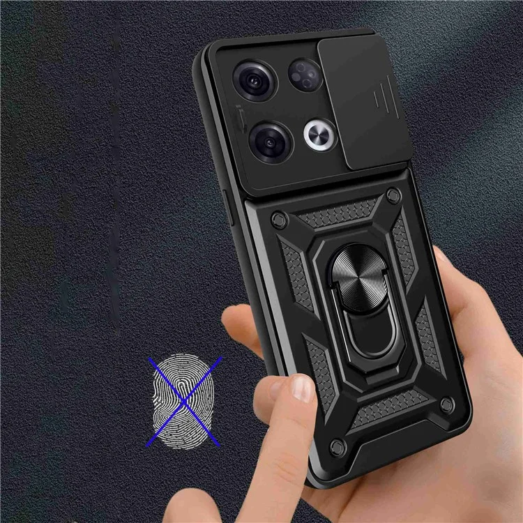 For Oppo Reno8 Pro 5G (Global Version) Ring Kickstand PC + TPU Cover Anti-drop Phone Case with Slide Camera Protector - Black