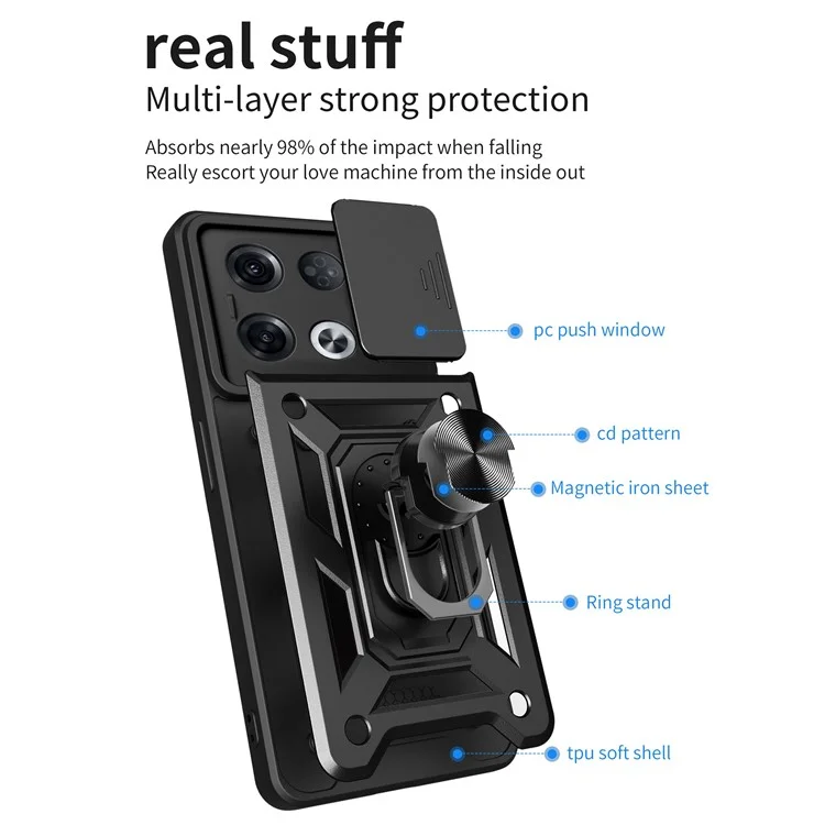 For Oppo Reno8 Pro 5G (Global Version) Ring Kickstand PC + TPU Cover Anti-drop Phone Case with Slide Camera Protector - Black