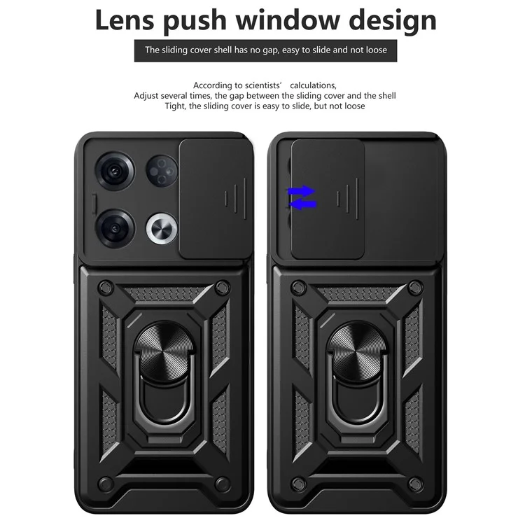 Para Oppo Reno8 Pro 5G (Versión Global) Anillo Soporte Kickstand PC + Funda Protectora de TPU Antideslizante con Protector de Cámara Deslizante - Negro