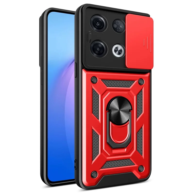 For Oppo Reno8 Pro 5G (Global Version) Ring Kickstand PC + TPU Cover Anti-drop Phone Case with Slide Camera Protector - Red