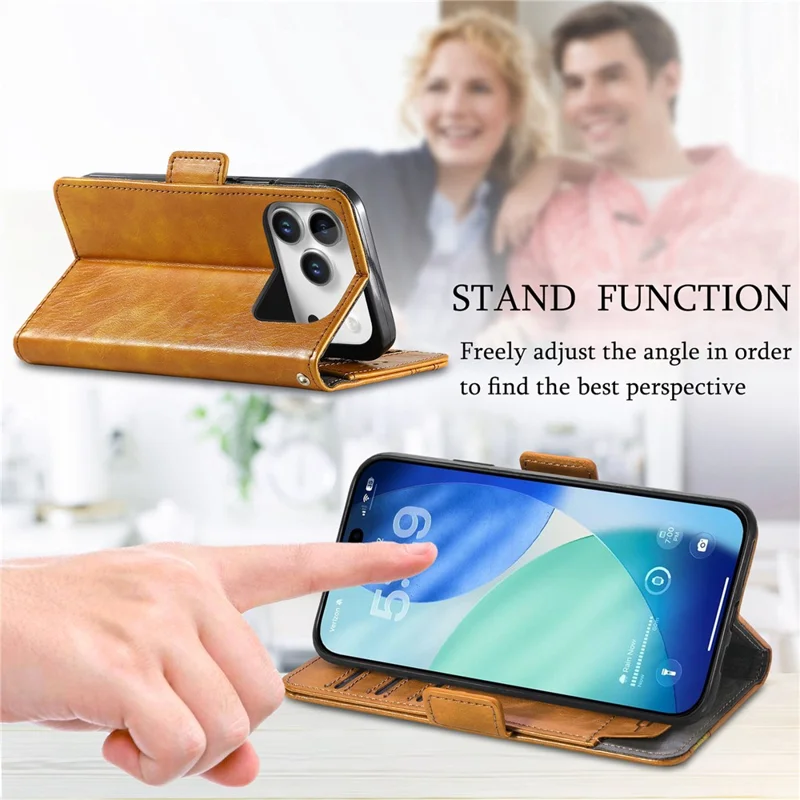 CASENEO For iPhone 18 Pro / 17 Pro Phone Cases PU Leather Cover Stand with RFID Blocking Wallet - Khaki